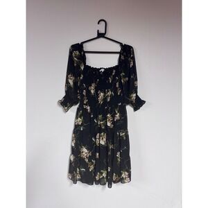 BALTICBORN Black Floral Smocked Square Neck Tiered Midi Dress Womens Size M